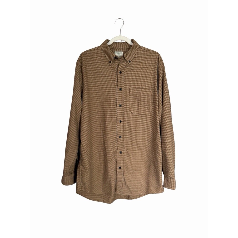 L.L. Bean Mens M Tall Brown Houndstooth Check Button Down Cotton Flannel Shirt